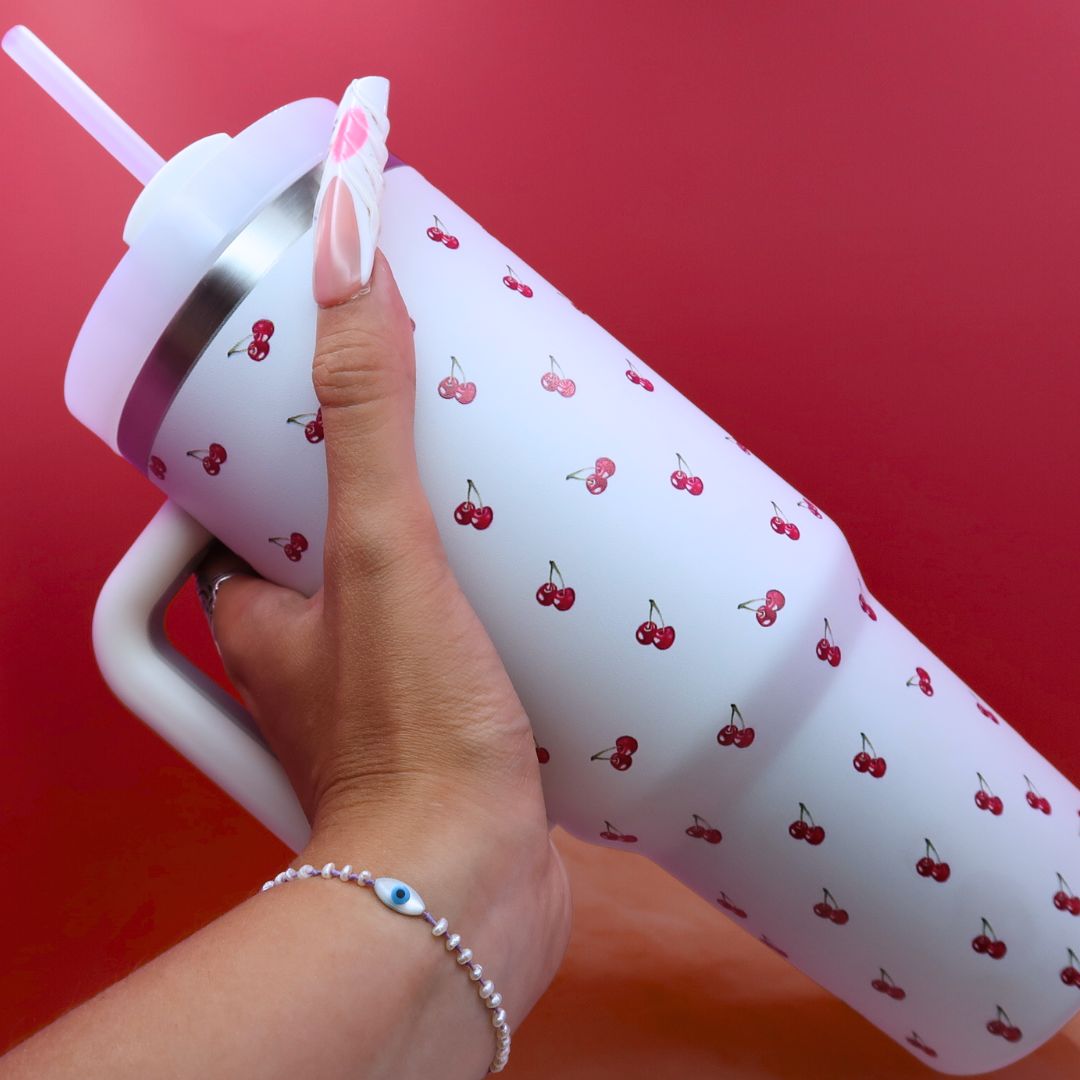 🍒 Tumbler XXL "Cherry Pop" – 1L Isotherme avec Paille & Anse