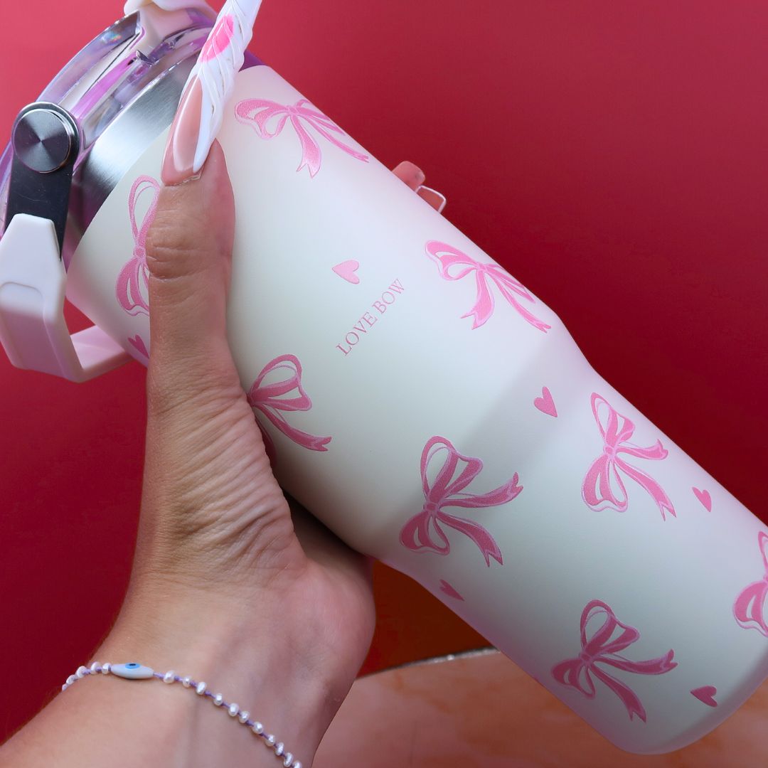 🎀 Tumbler "Love Bow" – 1L Isotherme avec Anse & Couvercle Hermétique